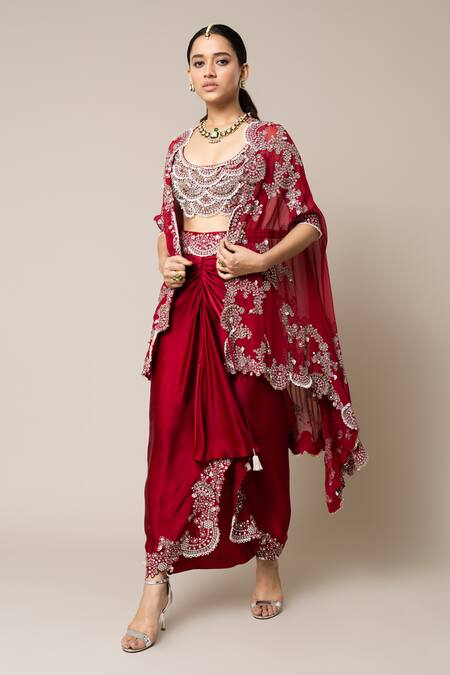 Nupur Kanoi_Red Crepe, Satin Mirrors, Pearls, Smocking, Sequins, Embroidered Cape Skirt Set _Online_at_Aza_Fashions