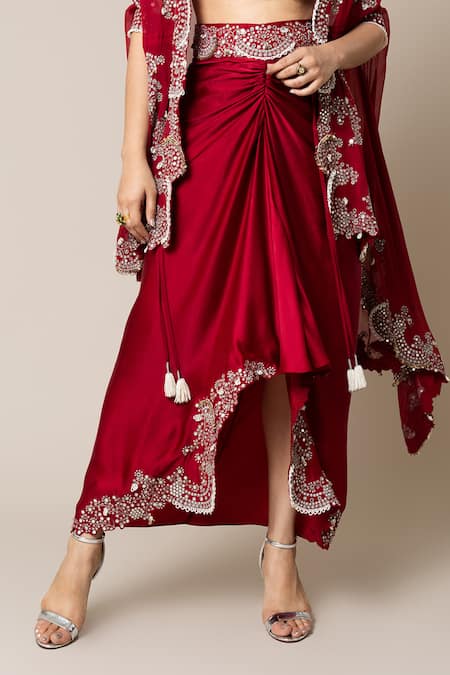 Buy_Nupur Kanoi_Red Crepe, Satin Mirrors, Pearls, Smocking, Sequins, Embroidered Cape Skirt Set _Online_at_Aza_Fashions