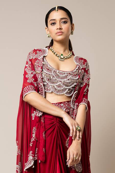 Shop_Nupur Kanoi_Red Crepe, Satin Mirrors, Pearls, Smocking, Sequins, Embroidered Cape Skirt Set _Online_at_Aza_Fashions