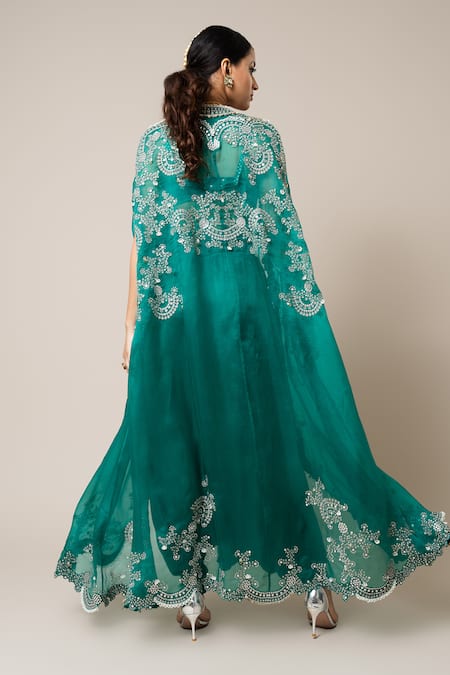 Shop_Nupur Kanoi_Green Crepe, Satin Mirrors, Pearls, Swarovski Embroidered Cape Skirt Set _at_Aza_Fashions