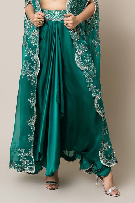 Nupur Kanoi Green Crepe, Satin Mirrors, Pearls, Swarovski Embroidered Cape Skirt Set Online at Aza Fashions Nupur Kanoi_Green Crepe, Satin Mirrors, Pearls, Swarovski Embroidered Cape Skirt Set _Online_at_Aza_Fashions
