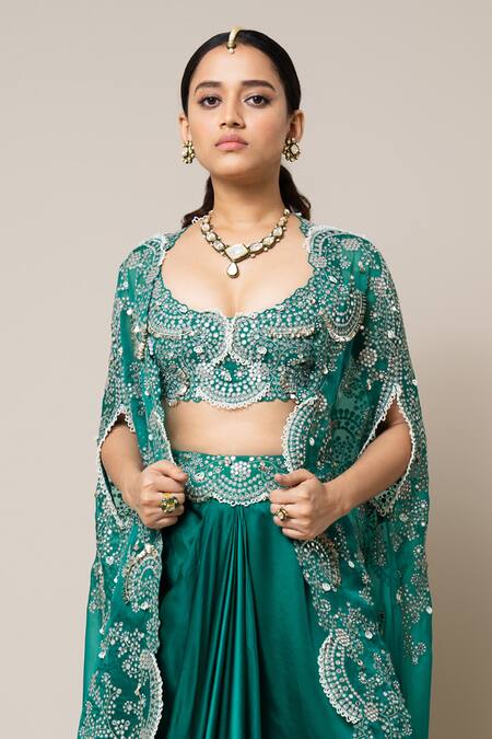 Buy Nupur Kanoi Green Crepe, Satin Mirrors, Pearls, Swarovski Embroidered Cape Skirt Set Online at Aza Fashions Buy_Nupur Kanoi_Green Crepe, Satin Mirrors, Pearls, Swarovski Embroidered Cape Skirt Set _Online_at_Aza_Fashions