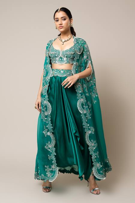 Shop_Nupur Kanoi_Green Crepe, Satin Mirrors, Pearls, Swarovski Embroidered Cape Skirt Set _Online_at_Aza_Fashions