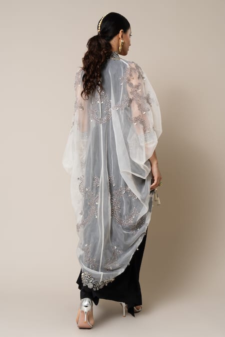 Shop_Nupur Kanoi_Off White Satin, Crepe Mirrors, Pearls, Hand Embroidered Scallop Cape Skirt Set _at_Aza_Fashions