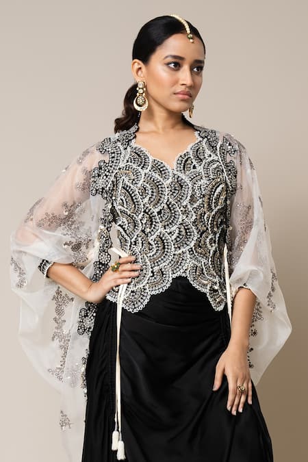 Buy_Nupur Kanoi_Off White Satin, Crepe Mirrors, Pearls, Hand Embroidered Scallop Cape Skirt Set _Online_at_Aza_Fashions