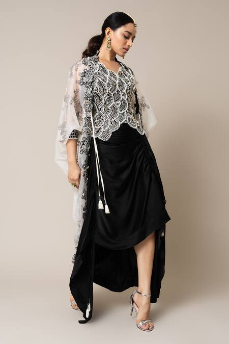 Shop_Nupur Kanoi_Off White Satin, Crepe Mirrors, Pearls, Hand Embroidered Scallop Cape Skirt Set _Online_at_Aza_Fashions