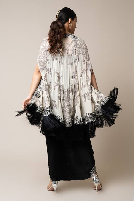 Shop_Nupur Kanoi_Off White Crepe, Georgette, Satin Mirrors, Stud Embroidered Cape Skirt Set _at_Aza_Fashions