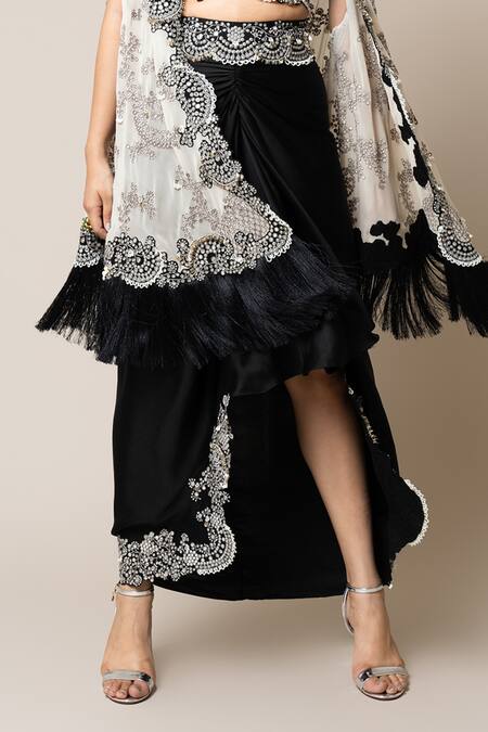 Nupur Kanoi_Off White Crepe, Georgette, Satin Mirrors, Stud Embroidered Cape Skirt Set _Online_at_Aza_Fashions