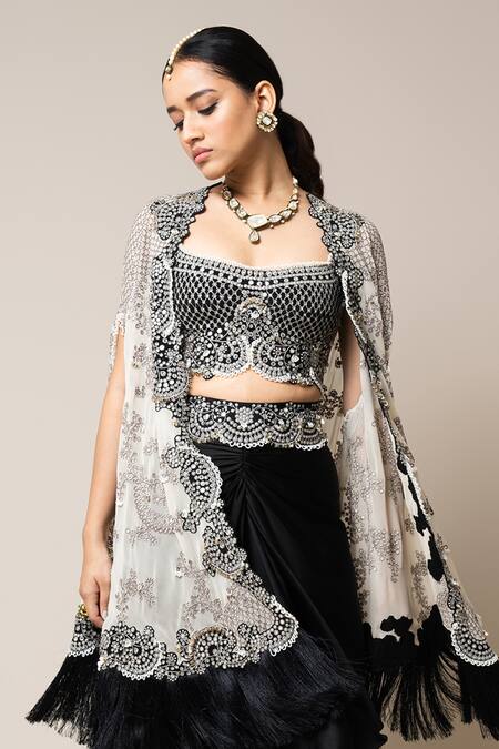 Buy_Nupur Kanoi_Off White Crepe, Georgette, Satin Mirrors, Stud Embroidered Cape Skirt Set _Online_at_Aza_Fashions