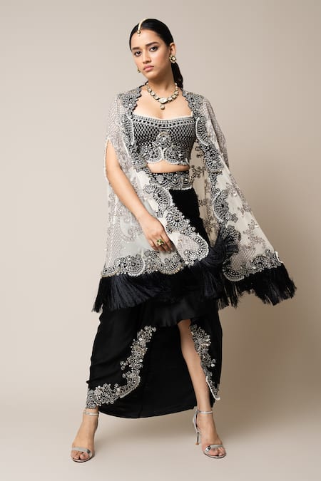 Shop_Nupur Kanoi_Off White Crepe, Georgette, Satin Mirrors, Stud Embroidered Cape Skirt Set _Online_at_Aza_Fashions