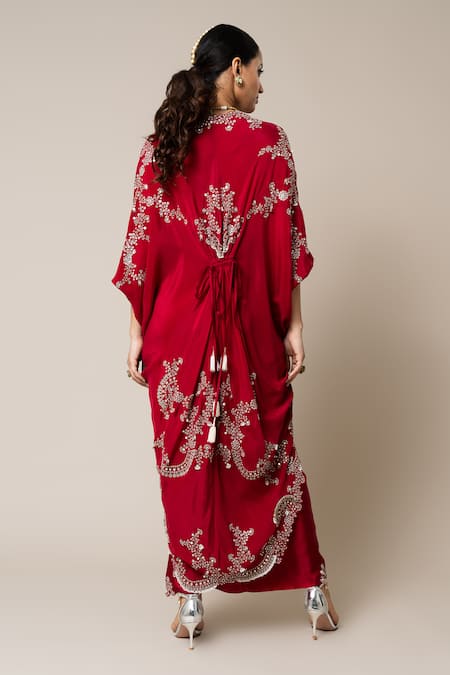 Shop_Nupur Kanoi_Red Crepe, Satin Embroidery, Pearls, Sequins Scoop Neck Hand Top And Skirt Set _at_Aza_Fashions