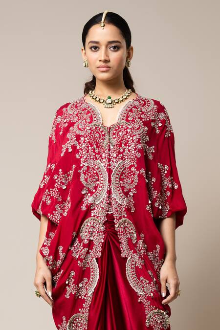 Nupur Kanoi_Red Crepe, Satin Embroidery, Pearls, Sequins Scoop Neck Hand Top And Skirt Set _Online_at_Aza_Fashions
