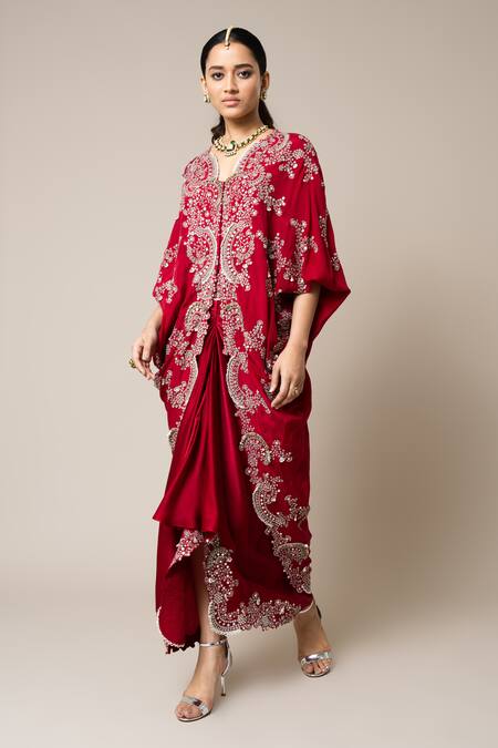Buy_Nupur Kanoi_Red Crepe, Satin Embroidery, Pearls, Sequins Scoop Neck Hand Top And Skirt Set _Online_at_Aza_Fashions