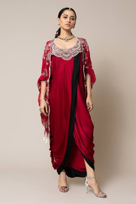 Nupur Kanoi_Red Satin, Georgette Mirrors, Pearls, Smocking Hand Embroidered Cape With Dress _Online_at_Aza_Fashions