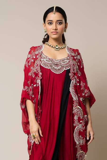 Buy Nupur Kanoi Red Satin, Georgette Mirrors, Pearls, Smocking Hand Embroidered Cape With Dress Online at Aza Fashions Buy_Nupur Kanoi_Red Satin, Georgette Mirrors, Pearls, Smocking Hand Embroidered Cape With Dress _Online_at_Aza_Fashions