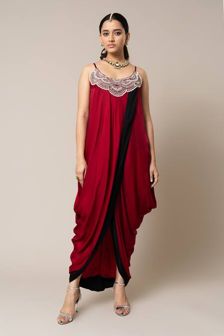 Shop_Nupur Kanoi_Red Satin, Georgette Mirrors, Pearls, Smocking Hand Embroidered Cape With Dress _Online_at_Aza_Fashions