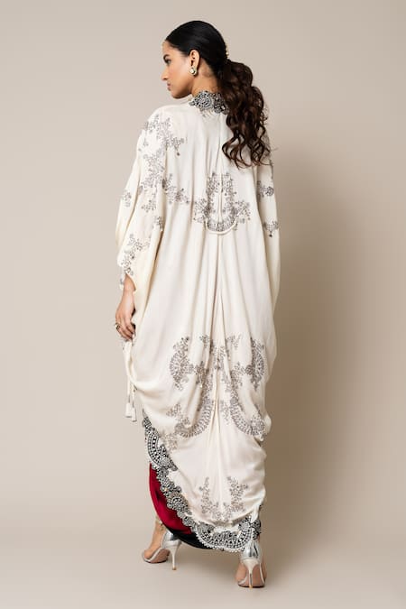 Shop_Nupur Kanoi_Off White Satin, Silk Mirrors, Pearls, Stones Round Embroidered Cape With Dress _at_Aza_Fashions