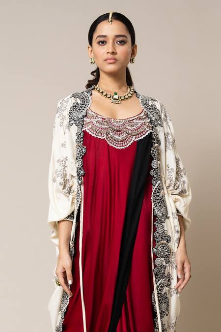 Nupur Kanoi_Off White Satin, Silk Mirrors, Pearls, Stones Round Embroidered Cape With Dress _Online_at_Aza_Fashions