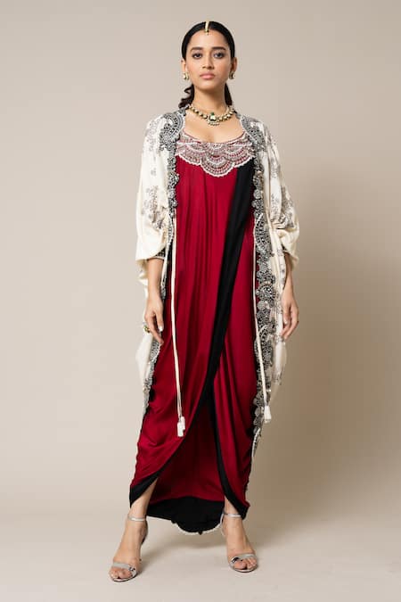 Buy_Nupur Kanoi_Off White Satin, Silk Mirrors, Pearls, Stones Round Embroidered Cape With Dress _Online_at_Aza_Fashions