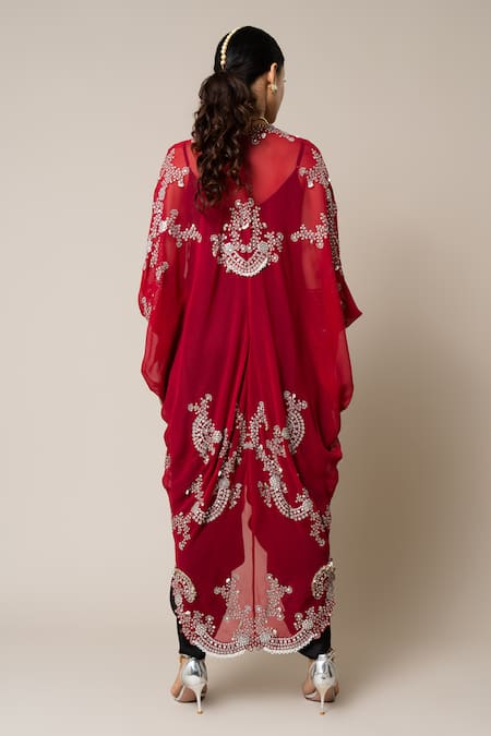 Shop_Nupur Kanoi_Red Satin, Georgette Embroidery, Mirrors, Pearls, Hand Cape With Jumpsuit _at_Aza_Fashions