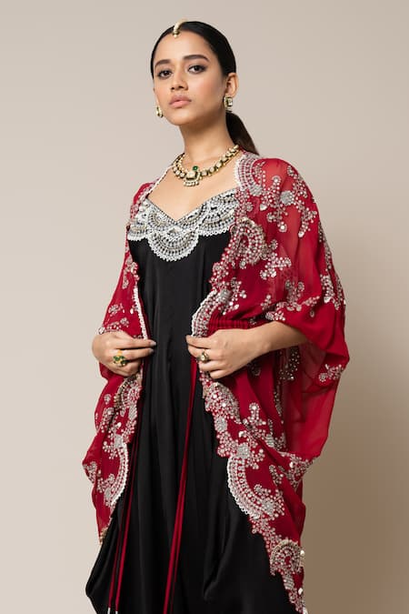 Nupur Kanoi_Red Satin, Georgette Embroidery, Mirrors, Pearls, Hand Cape With Jumpsuit _Online_at_Aza_Fashions