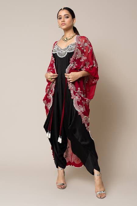 Buy_Nupur Kanoi_Red Satin, Georgette Embroidery, Mirrors, Pearls, Hand Cape With Jumpsuit _Online_at_Aza_Fashions