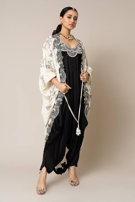 Buy_Nupur Kanoi_Off White Satin, Silk Mirrors, Pearls, Hand Embroidered Cape With Black Jumpsuit _Online_at_Aza_Fashions
