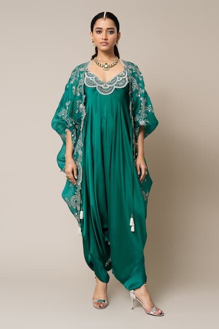 Nupur Kanoi Green Cape Organza Hand Embroidered Mirror V Neck With Jumpsuit 