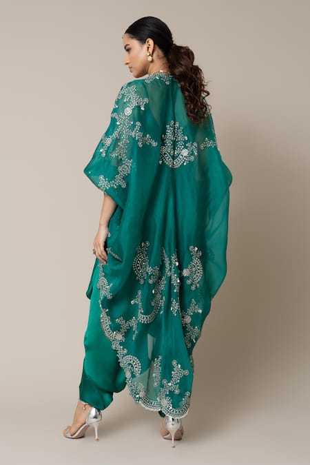 Shop_Nupur Kanoi_Green Satin, Organza Mirrors, Pearls, Stones, Embroidered Cape With Jumpsuit _at_Aza_Fashions