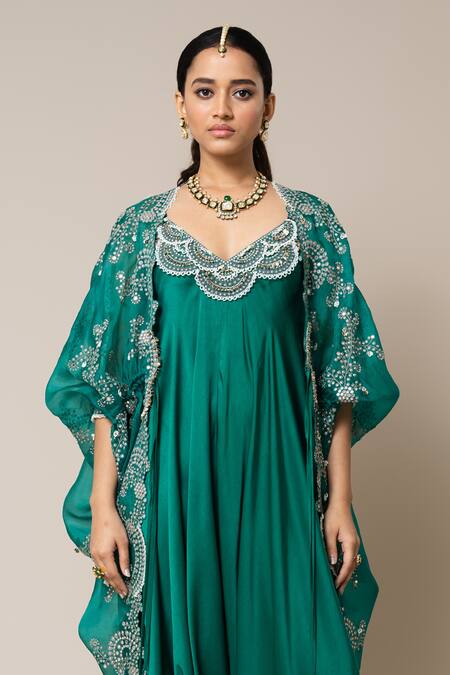 Nupur Kanoi_Green Satin, Organza Mirrors, Pearls, Stones, Embroidered Cape With Jumpsuit _Online_at_Aza_Fashions