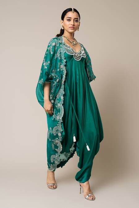 Buy_Nupur Kanoi_Green Satin, Organza Mirrors, Pearls, Stones, Embroidered Cape With Jumpsuit _Online_at_Aza_Fashions