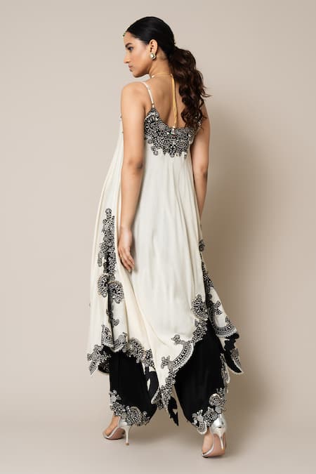 Shop_Nupur Kanoi_Off White Silk, Satin Mirrors, Pearls, Smocking, Studs, Hand Top And Pant Set _at_Aza_Fashions