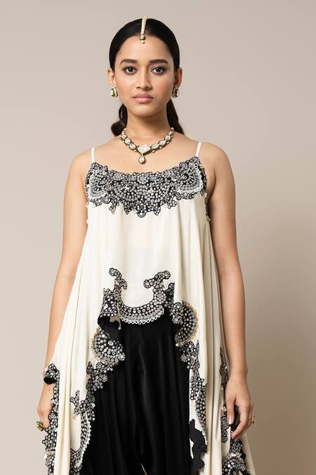 Nupur Kanoi_Off White Silk, Satin Mirrors, Pearls, Smocking, Studs, Hand Top And Pant Set _Online_at_Aza_Fashions