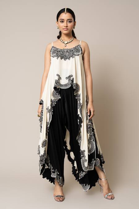 Buy_Nupur Kanoi_Off White Silk, Satin Mirrors, Pearls, Smocking, Studs, Hand Top And Pant Set _Online_at_Aza_Fashions