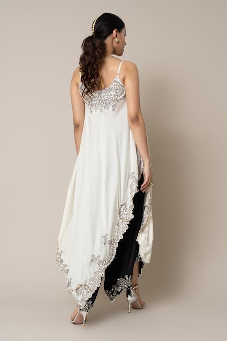 Shop_Nupur Kanoi_Off White Silk, Satin Mirrors, Pearls, Smocking, Embroidery Round Top And Pant Set _at_Aza_Fashions