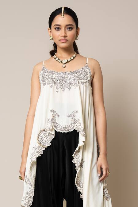 Nupur Kanoi_Off White Silk, Satin Mirrors, Pearls, Smocking, Embroidery Round Top And Pant Set _Online_at_Aza_Fashions