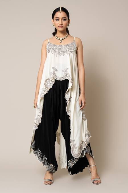 Buy_Nupur Kanoi_Off White Silk, Satin Mirrors, Pearls, Smocking, Embroidery Round Top And Pant Set _Online_at_Aza_Fashions