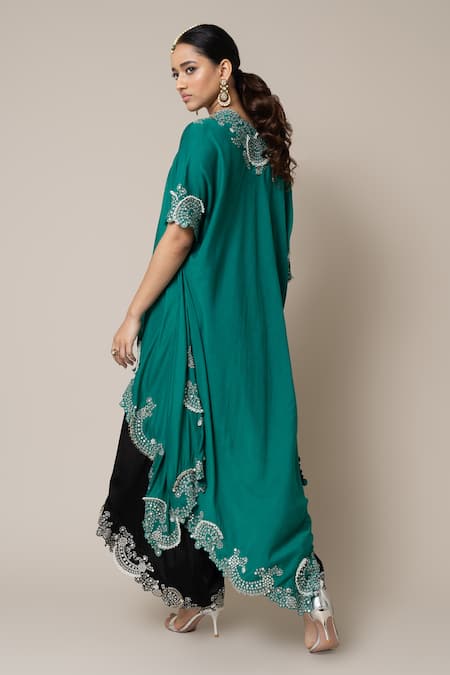 Shop_Nupur Kanoi_Green Silk, Satin Mirrors, Pearls Hand Embroidered Top And Draped Pant Set _at_Aza_Fashions