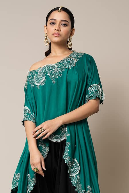 Nupur Kanoi_Green Silk, Satin Mirrors, Pearls Hand Embroidered Top And Draped Pant Set _Online_at_Aza_Fashions