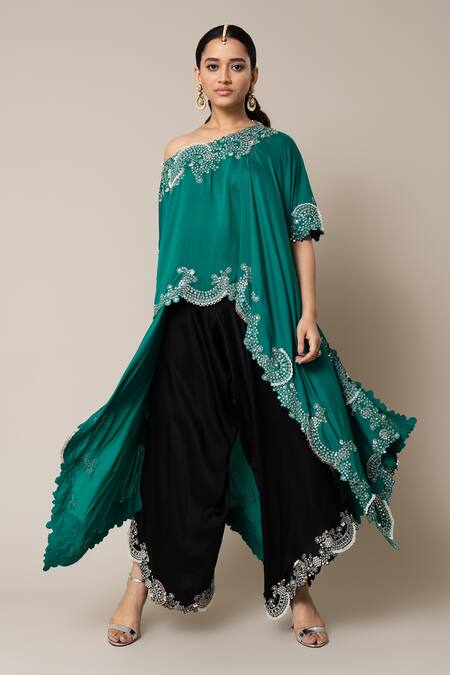 Buy_Nupur Kanoi_Green Silk, Satin Mirrors, Pearls Hand Embroidered Top And Draped Pant Set _Online_at_Aza_Fashions
