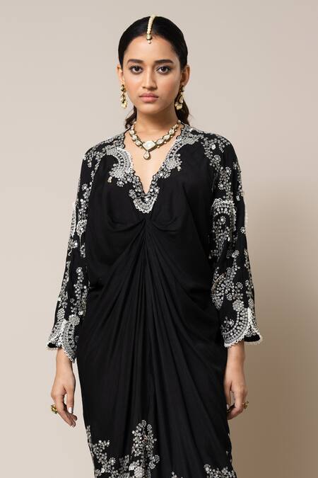 Nupur Kanoi_Black Silk Mirrors, Smocking V-neck Hand Embroidered Kaftan _Online_at_Aza_Fashions