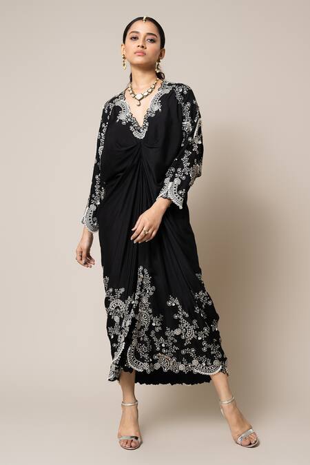 Buy_Nupur Kanoi_Black Silk Mirrors, Smocking V-neck Hand Embroidered Kaftan _Online_at_Aza_Fashions