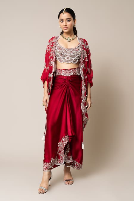 Nupur Kanoi Red Cape Georgette Hand Embroidered Mirror Round Sequins Skirt Set  