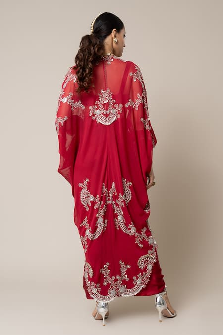 Shop_Nupur Kanoi_Red Crepe, Satin Pearls, Metallic Thread, Sequins Embroidered Cape Skirt Set _at_Aza_Fashions