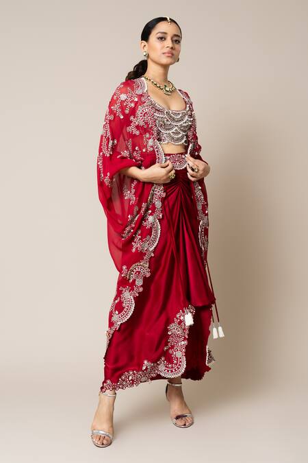 Nupur Kanoi_Red Crepe, Satin Pearls, Metallic Thread, Sequins Embroidered Cape Skirt Set _Online_at_Aza_Fashions