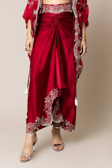Buy_Nupur Kanoi_Red Crepe, Satin Pearls, Metallic Thread, Sequins Embroidered Cape Skirt Set _Online_at_Aza_Fashions
