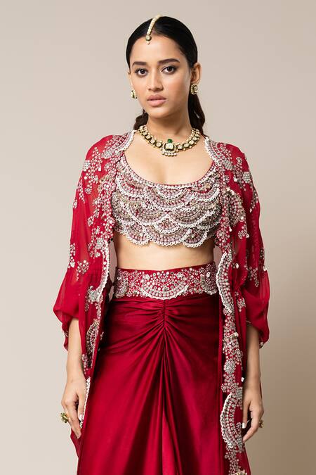Shop_Nupur Kanoi_Red Crepe, Satin Pearls, Metallic Thread, Sequins Embroidered Cape Skirt Set _Online_at_Aza_Fashions