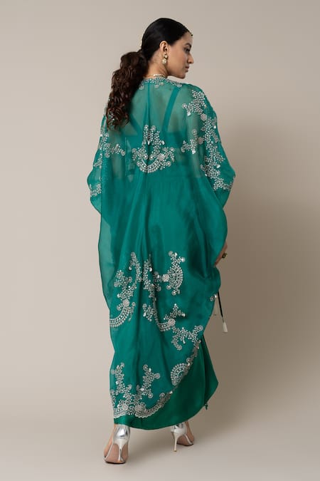 Shop_Nupur Kanoi_Green Crepe, Satin Pearls, Sequins Round Neck Embroidered Cape Skirt Set _at_Aza_Fashions