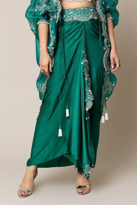 Nupur Kanoi Green Crepe, Satin Pearls, Sequins Round Neck Embroidered Cape Skirt Set Online at Aza Fashions Nupur Kanoi_Green Crepe, Satin Pearls, Sequins Round Neck Embroidered Cape Skirt Set _Online_at_Aza_Fashions