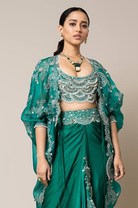 Buy Nupur Kanoi Green Crepe, Satin Pearls, Sequins Round Neck Embroidered Cape Skirt Set Online at Aza Fashions Buy_Nupur Kanoi_Green Crepe, Satin Pearls, Sequins Round Neck Embroidered Cape Skirt Set _Online_at_Aza_Fashions